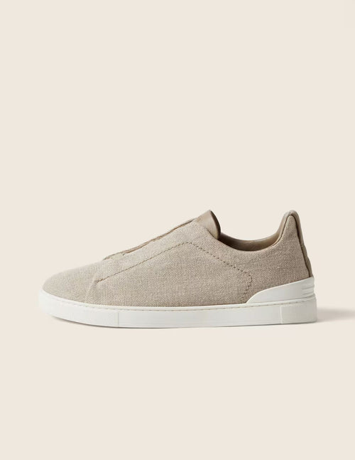 Cotton Linen & Leather Triple Stitch Sneakers | Light Beige